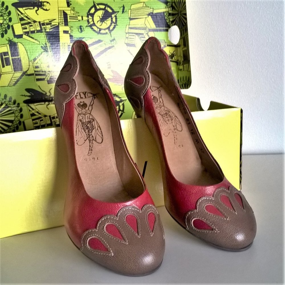 Leather Flower Wingtip Retro Rustic Red Brown Dress Heels